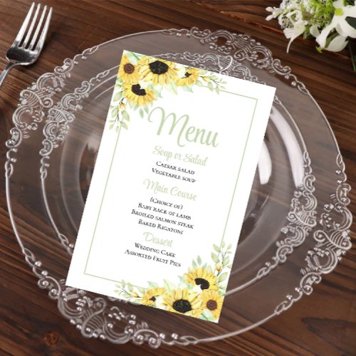 Country Sunflower Watercolor Floral Wedding Menu