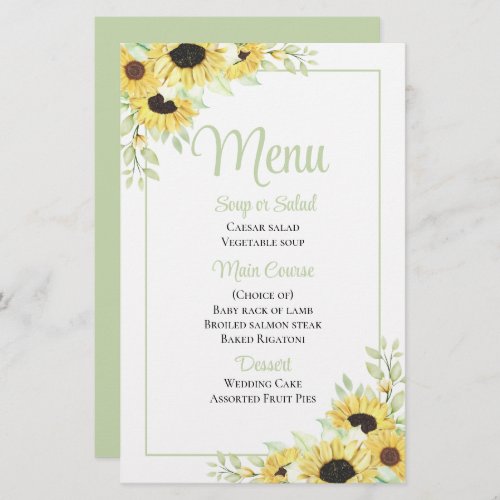 Country Sunflower Watercolor Floral Wedding Menu