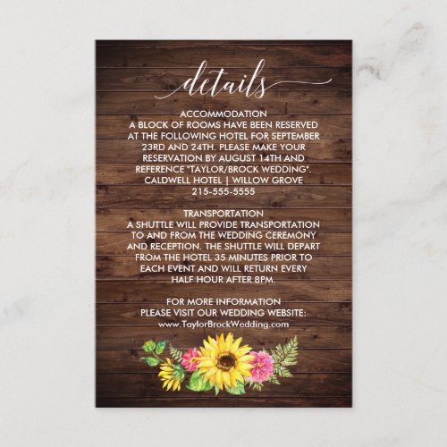 Country Sunflower Wedding Details Card