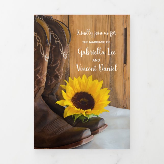 Country Sunflower Western Barn Wedding Tri-Fold Invitation (Cover)