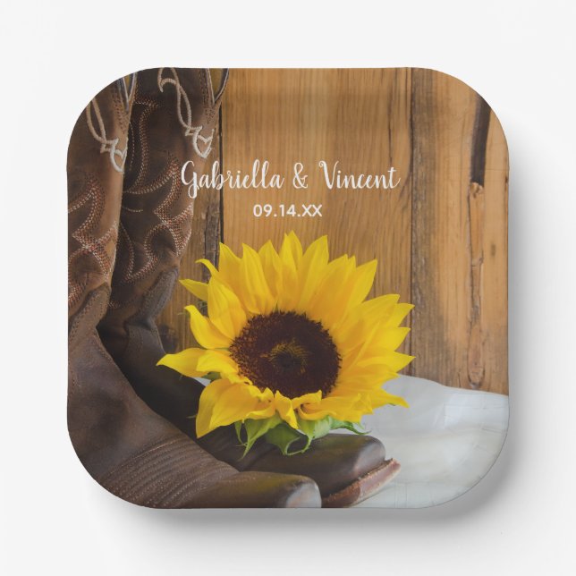 Country Sunflower Western Wedding Paper Plates (Front)