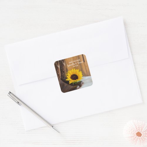 Country Sunflower Western Wedding Save the Date Square Sticker