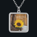 Country Sunflower Western Wedding Silver Plated Necklace<br><div class="desc">The charming Country Sunflower Western Wedding Pendant Necklace makes a unique personalized keepsake gift for the bride to be or her bridesmaids. This pretty custom rustic chic ranch theme wedding jewelry features a quaint floral photograph of brown leather cowboy boots, yellow sunflower blossom and barn wood on white satin inside...</div>