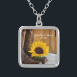 Country Sunflower Western Wedding Silver Plated Necklace<br><div class="desc">The charming Country Sunflower Western Wedding Pendant Necklace makes a unique personalized keepsake gift for the bride to be or her bridesmaids. This pretty custom rustic chic ranch theme wedding jewelry features a quaint floral photograph of brown leather cowboy boots, yellow sunflower blossom and barn wood on white satin inside...</div>