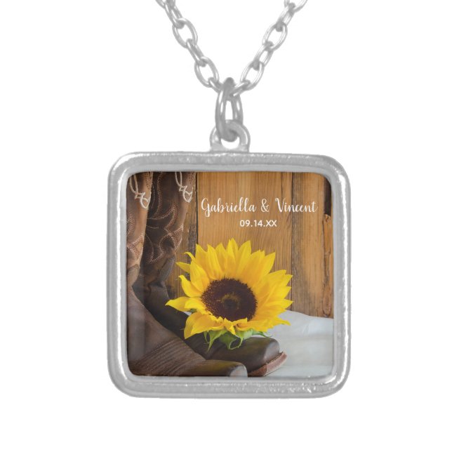 Country Sunflower Western Wedding Silver Plated Necklace (Front)