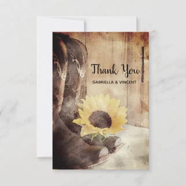 Country Sunflower Western Wedding Watercolor Thank You Card | Zazzle