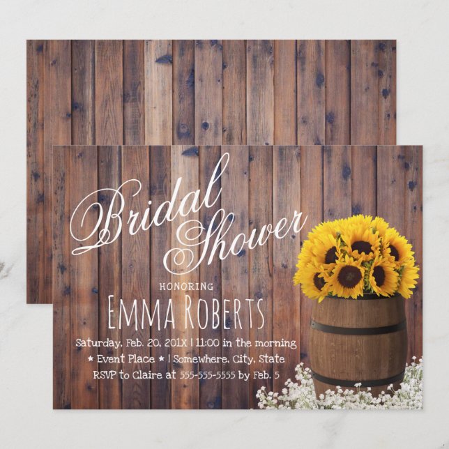 Country Sunflower Wine Barrel Rustic Bridal Shower Invitation (Front/Back)