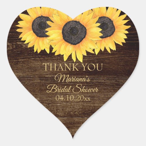 Country Sunflower Wood Bridal Shower Heart Sticker