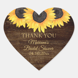 Country Sunflower Wood Bridal Shower Heart Sticker