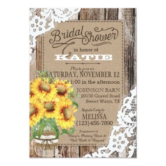 Country Sunflower Wood Lace Rustic Bridal Shower Card