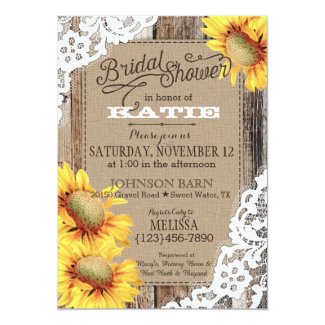 Country Sunflower Wood Lace Rustic Bridal Shower Card