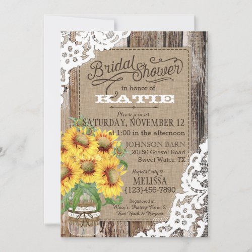 Country Sunflower Wood Lace Rustic Bridal Shower Invitation