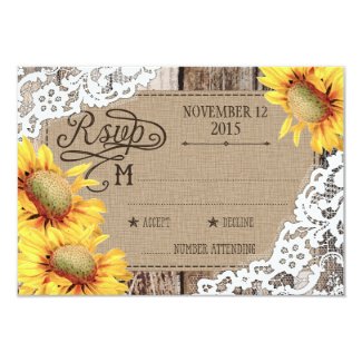 Country Sunflower Wood Lace Rustic RSVP Card