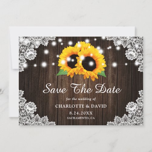 Country Sunflower Wood Lace String Lights Wedding Save The Date