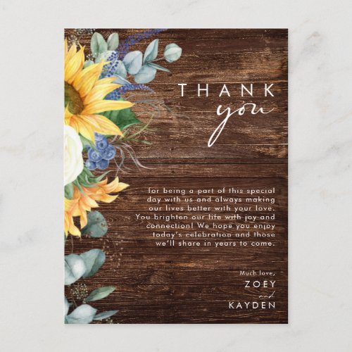 Country Sunflower  Wood Reception Thank You Card