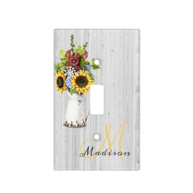 Country Sunflower Wood Rustic monogram Light Switch Cover (Front)