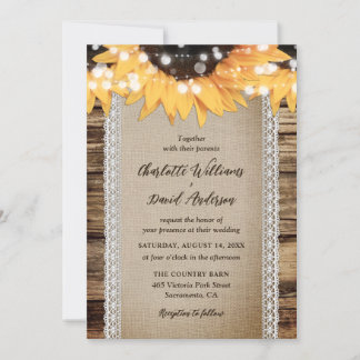 Country Sunflower Wood String Lights Wedding Invitation