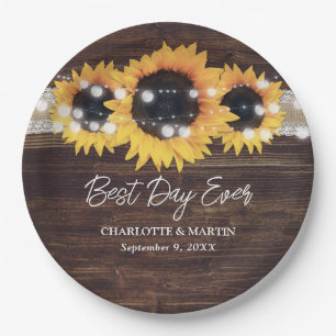 Country Sunflower Wood String Lights Wedding Paper Plates