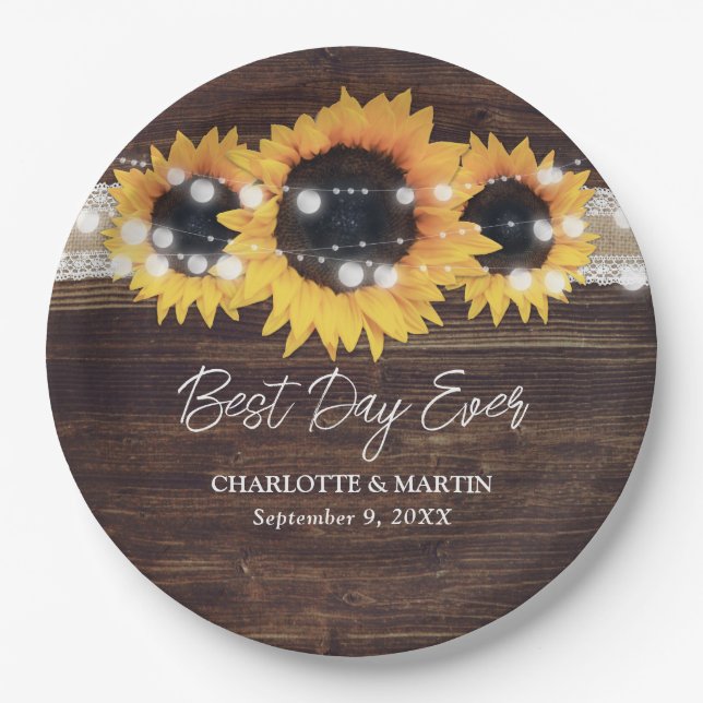 Country Sunflower Wood String Lights Wedding Paper Plates (Front)