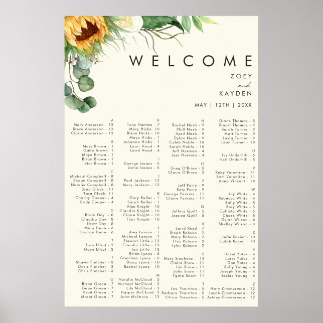 Country Sunflower | Yellow Alphabetical Seating Poster (Front)