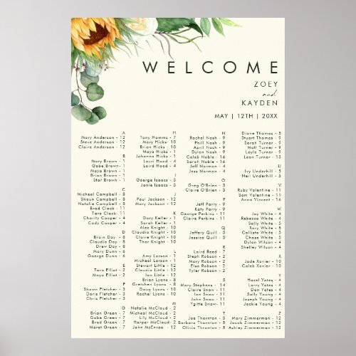 Country Sunflower  Yellow Alphabetical Seating Poster