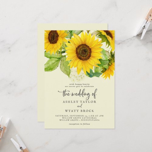 Country Sunflower  Yellow Front and Back Wedding Invitation