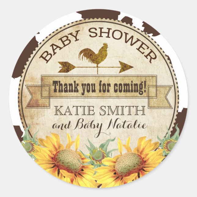 Country Sunflowers and Cow Print Baby Shower Classic Round Sticker (Front)