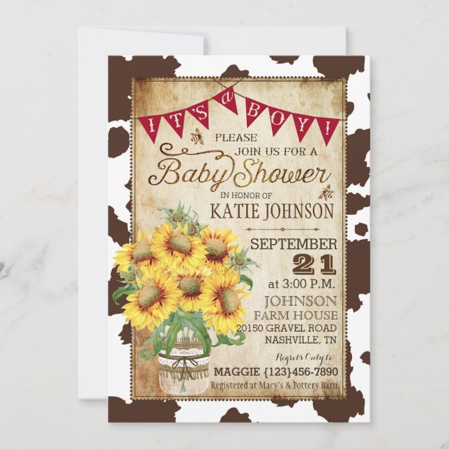 Country Sunflowers and Cow Print Baby Shower Invitation (Front)