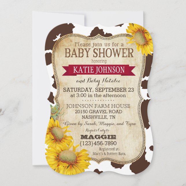 Country Sunflowers and Cow Print Baby Shower Invitation (Front)