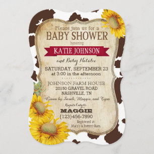 Country Sunflowers and Cow Print Baby Shower Invitation