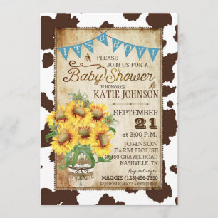 Country Sunflowers and Cow Print Baby Shower Invitation