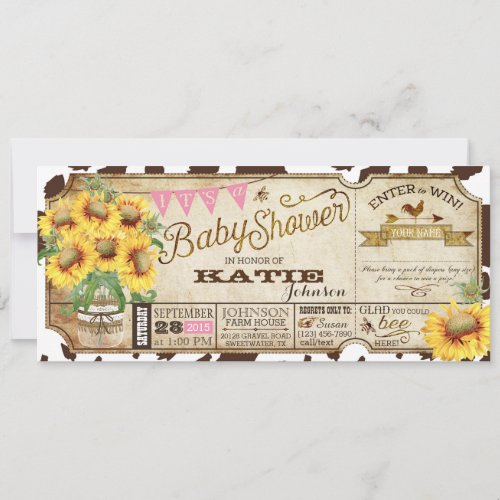 Country Sunflowers and Cow Print Baby Shower Invitation