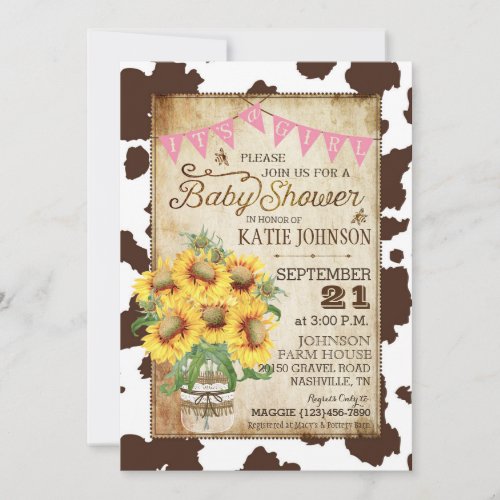 Country Sunflowers and Cow Print Baby Shower Invitation