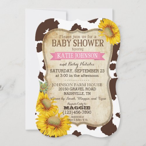 Country Sunflowers and Cow Print Baby Shower Invitation