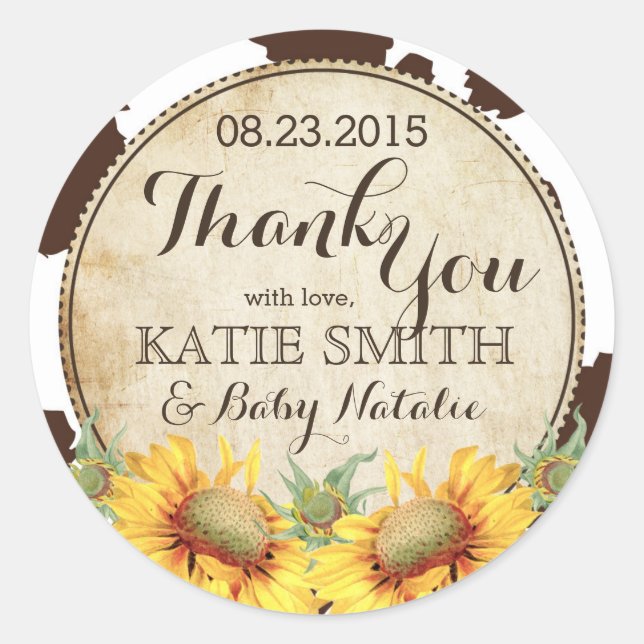 Country Sunflowers and Cow Print Thank You Classic Round Sticker (Front)