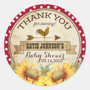 Country Sunflowers and Gingham Check Baby Shower Classic Round Sticker