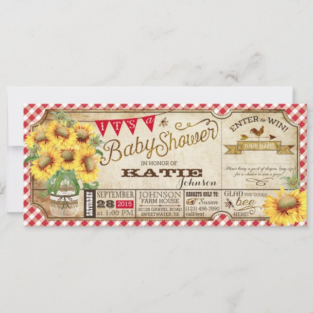 Country Sunflowers and Gingham Check Baby Shower Invitation (Front)