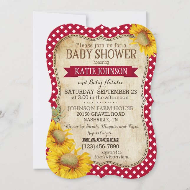 Country Sunflowers and Gingham Check Baby Shower Invitation (Front)