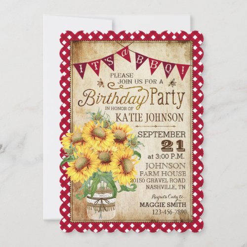 Country Sunflowers and Gingham Check Birthday Invitation