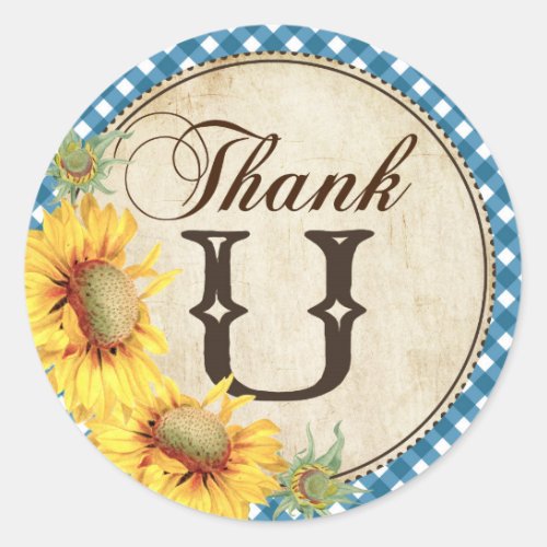 Country Sunflowers and Gingham Check Thank You Classic Round Sticker