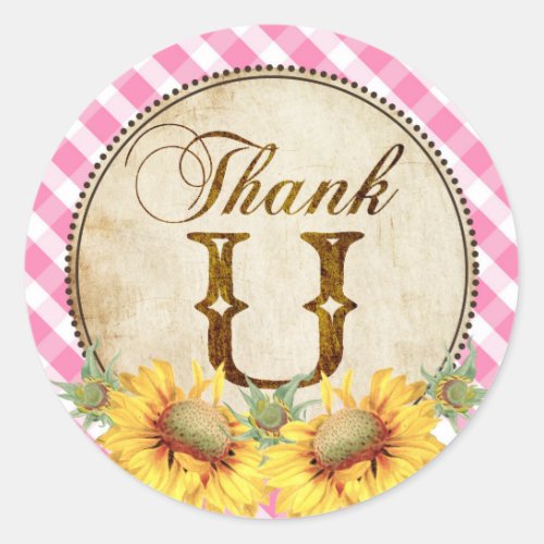 Country Sunflowers and Gingham Check Thank You Classic Round Sticker