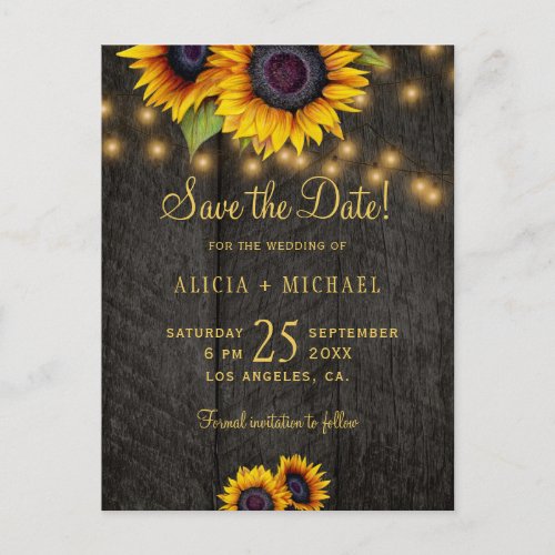 Country sunflowers barn wood wedding save the date announcement postcard