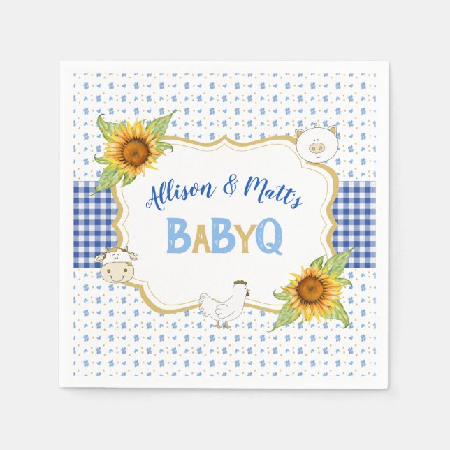 Country Sunflowers Blue Gingham Baby Q Barbeque Napkins (Front)