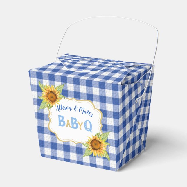 Country Sunflowers Blue Gingham Check BabyQ BBQ Favor Boxes (Front Side)