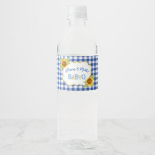 Country Sunflowers Blue Gingham Check BabyQ BBQ Water Bottle Label