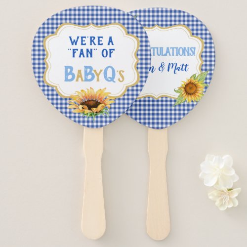 Country Sunflowers Blue Gingham Check BabyQ Hand Fan