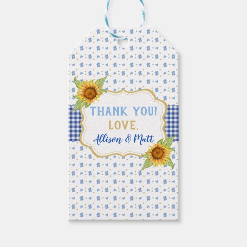 Country Sunflowers Blue Gingham Check Gift Tags