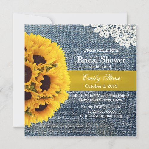 Country Sunflowers Blue Jeans Bridal Shower 5.25x5.25 Square Paper Invitation Card