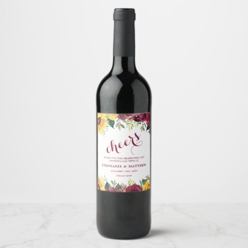 Country Sunflowers Burgundy Roses Floral Wedding Wine Label