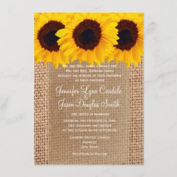 Country Sunflowers Burlap Print Wedding Invitation by CustomWeddingSets at Zazzle